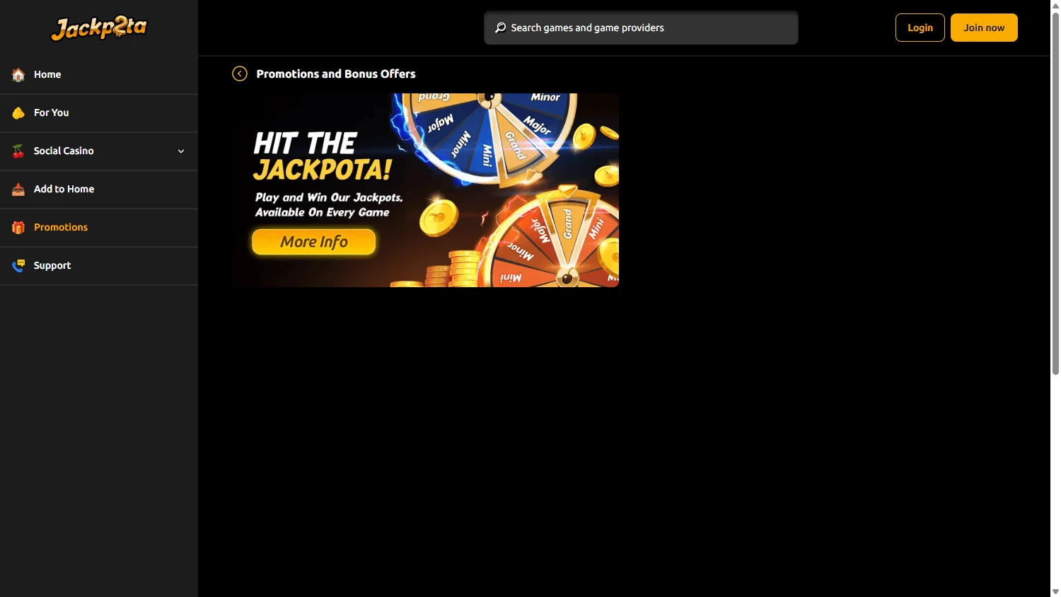Slots Jackpot Casino desktop promotions screen