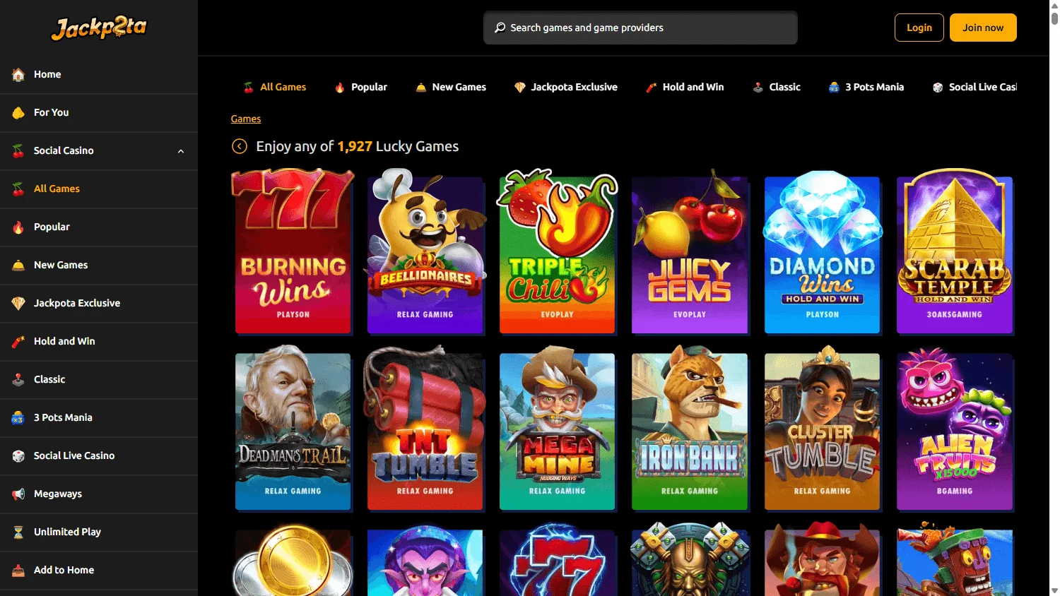 Slots Jackpot Casino desktop games screen